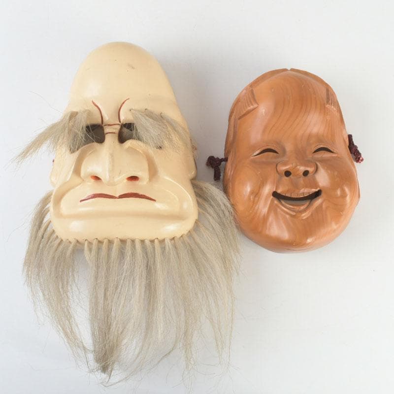 能面　能楽　雅楽　木彫　お多福面　翁面　2点まとめて　C　9291