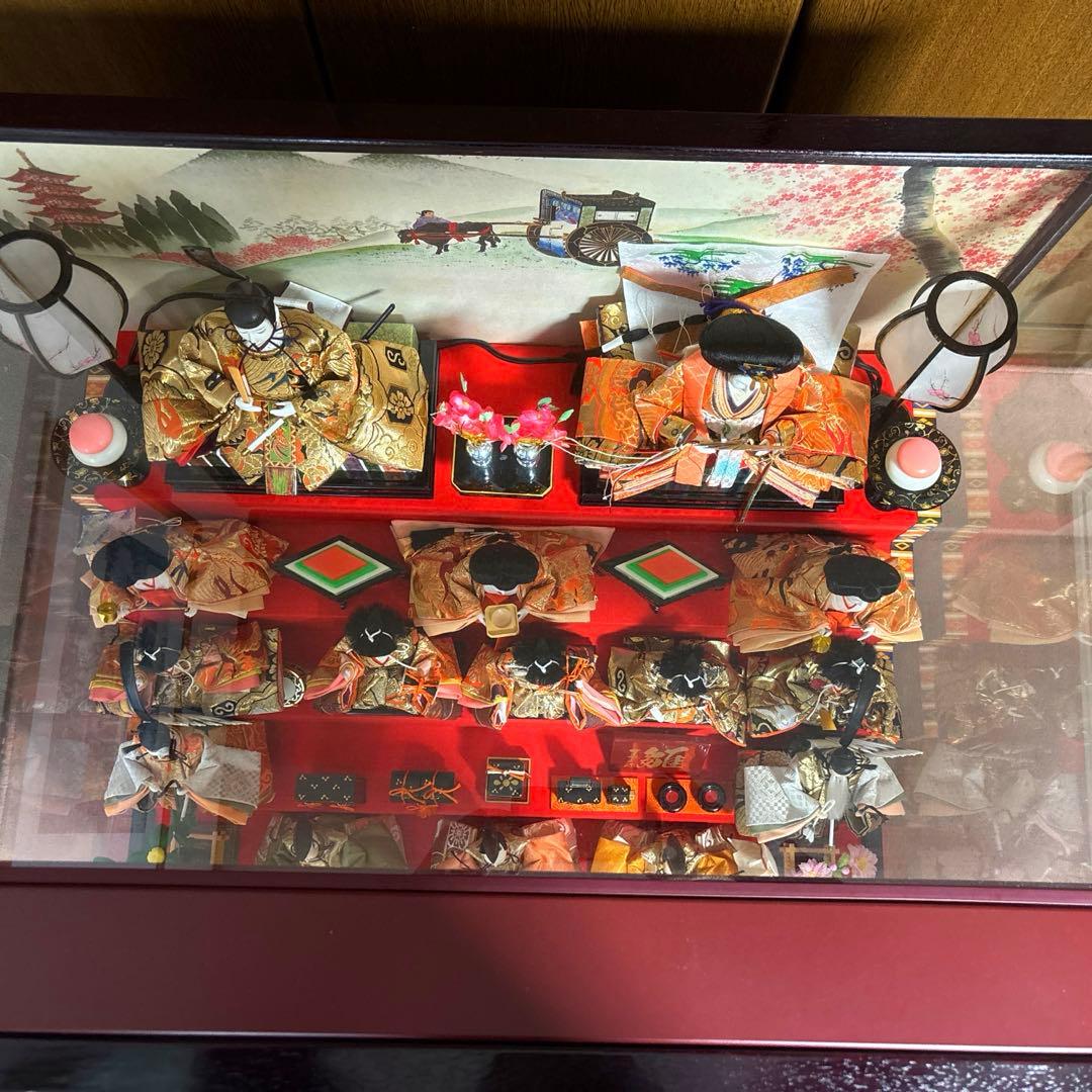 雛人形セット 和風ランプ付き　ガラスケース入り