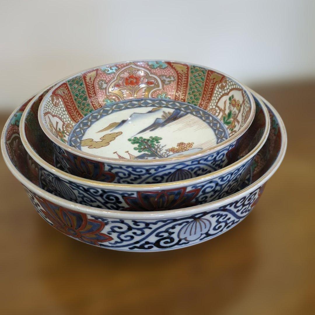 骨董　古伊万里　染錦　三っ丼　大中小　3つ　美品　鉢　器　錦出