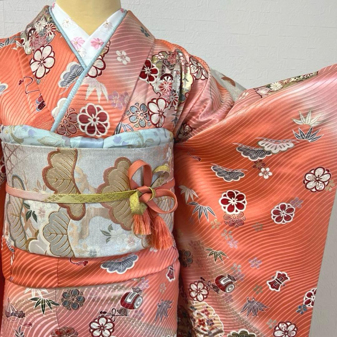 480 振袖フルセット 正絹 コーラルピンク オレンジ 橙 桃 金銀彩 暈し染め