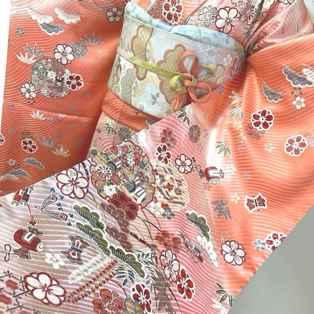 480 振袖フルセット 正絹 コーラルピンク オレンジ 橙 桃 金銀彩 暈し染め