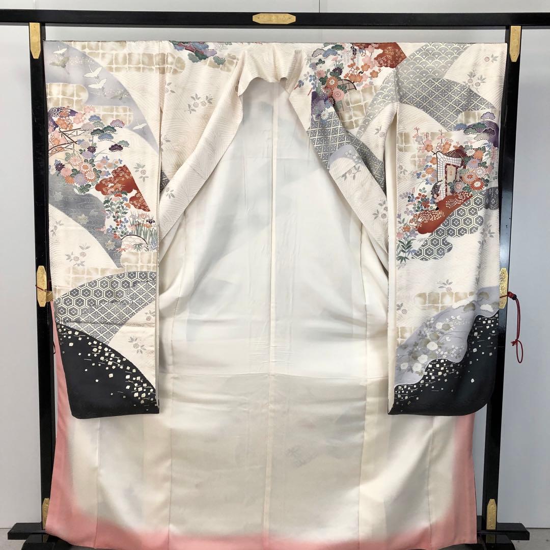 振袖 御所車 花模様 花亀甲 生成色 金彩 トールサイズ KK-2123