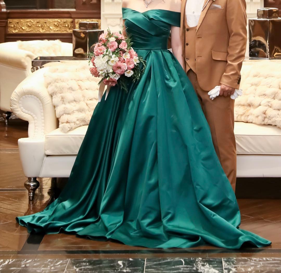 カラードレス 9号 ウェディングドレス サテン グリーン プリンセスライン
