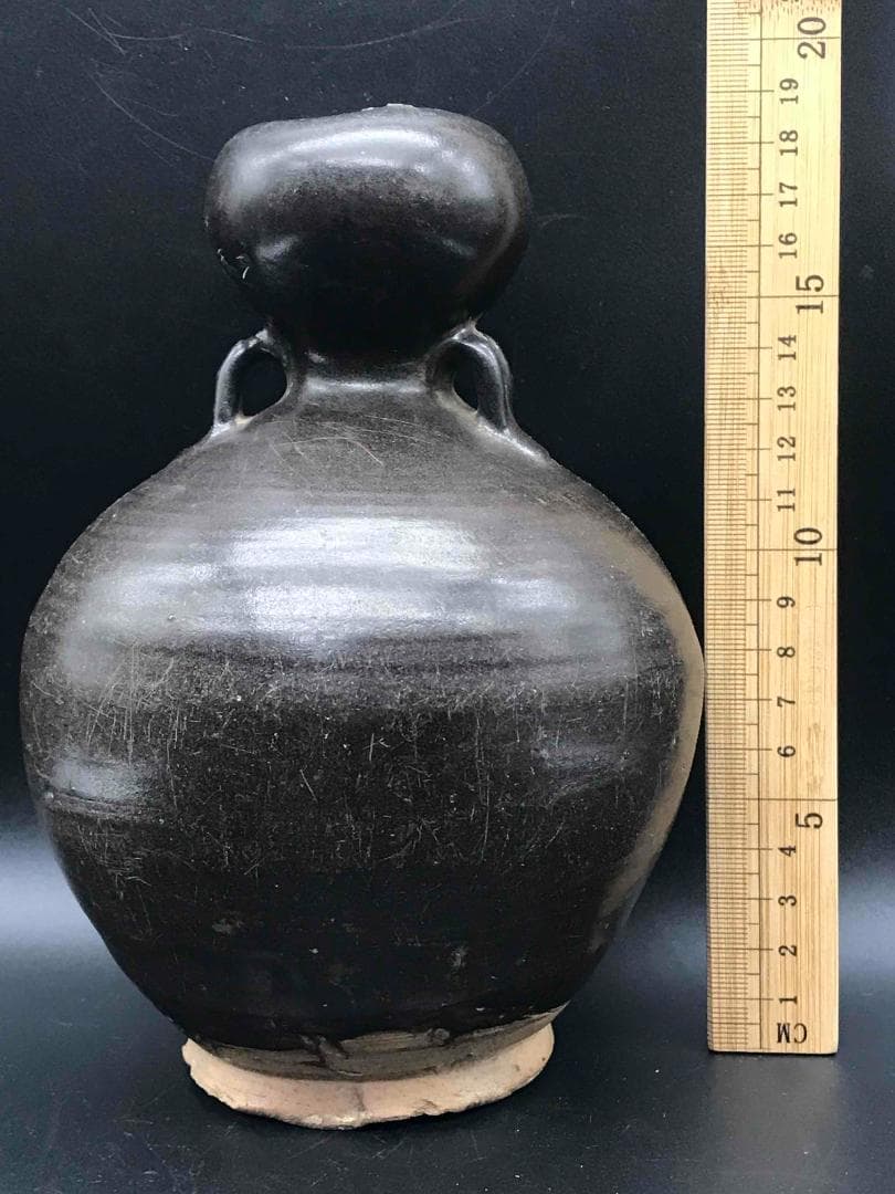 中国古美術　唐時代　耀州窯 瓢箪瓶　双耳瓶　磁州窯　黒釉　酒瓶　壺(A-29)