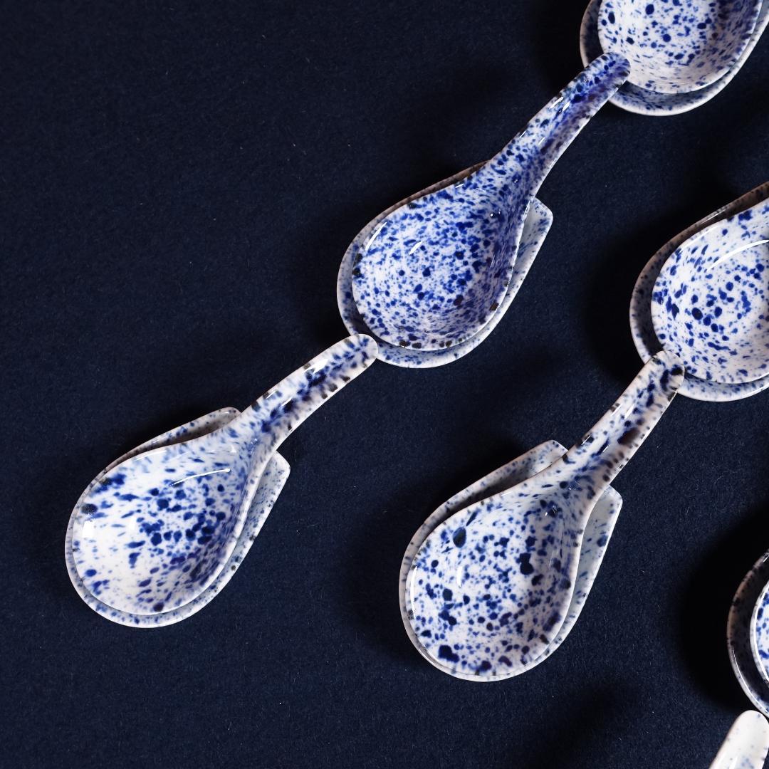 京焼 川尻一寛 禎山窯 染付 吹墨 レンゲ形 珍味入 10客 台座付