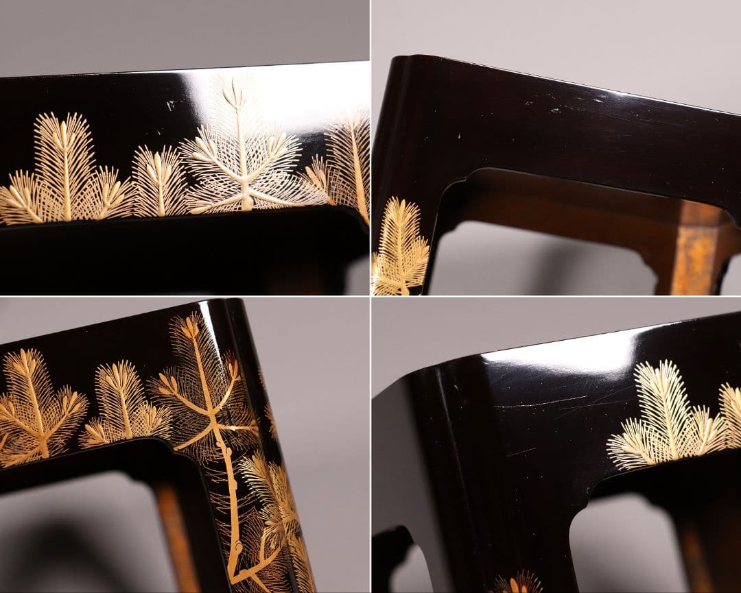 MA243 加賀蒔絵 能楽・翁 本金高蒔絵 朱塗三ッ盃・盃台 松蒔絵 木製 杯