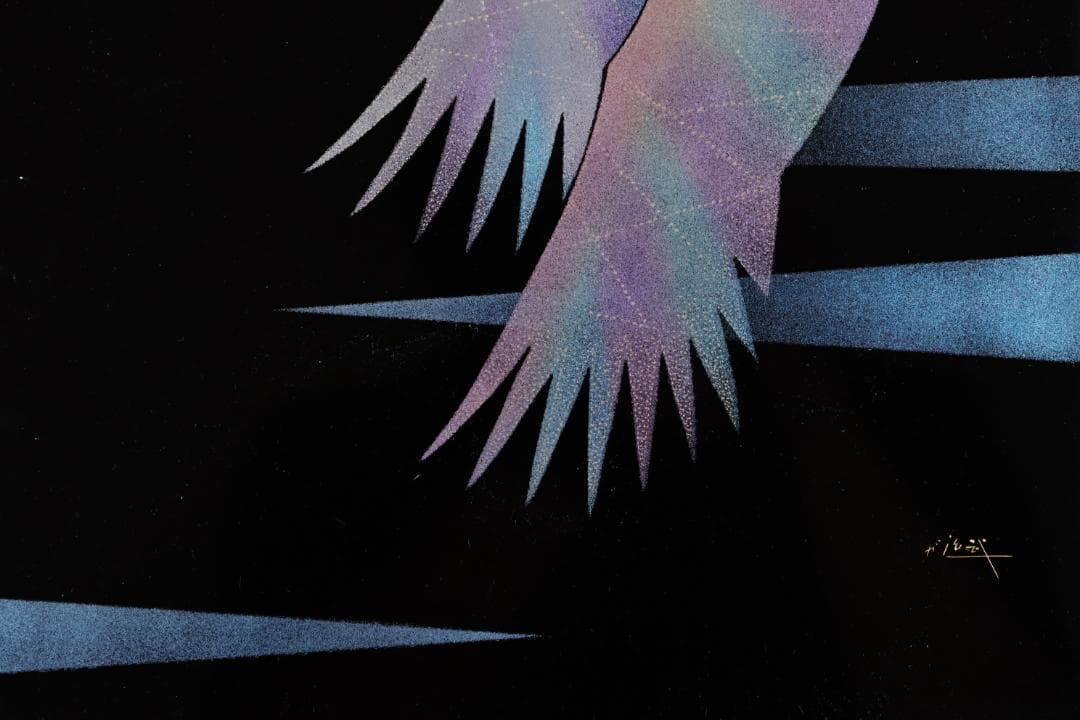 真作　輪島塗沈金　日展作家　加治武　「 双鶴飛翔 」 漆芸画　6号　BJ243