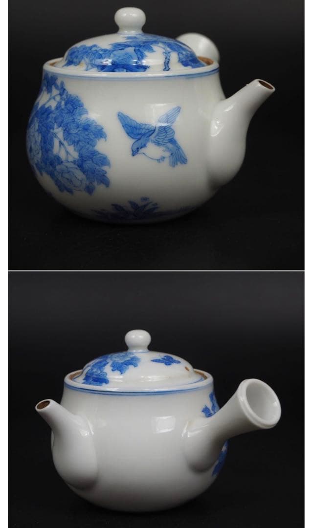 送料無料　明治期美濃焼の名工　加藤五輔造染付細密画牡丹之図茶器