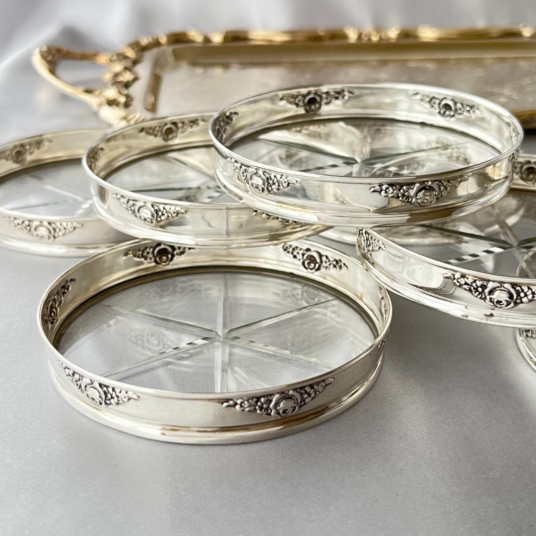 【Webster】薔薇のレリーフのコースター 8枚【純銀 / ガラス】