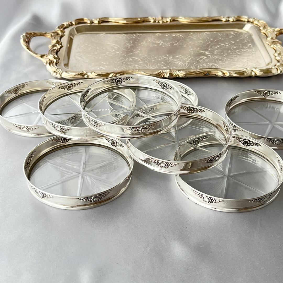 【Webster】薔薇のレリーフのコースター 8枚【純銀 / ガラス】