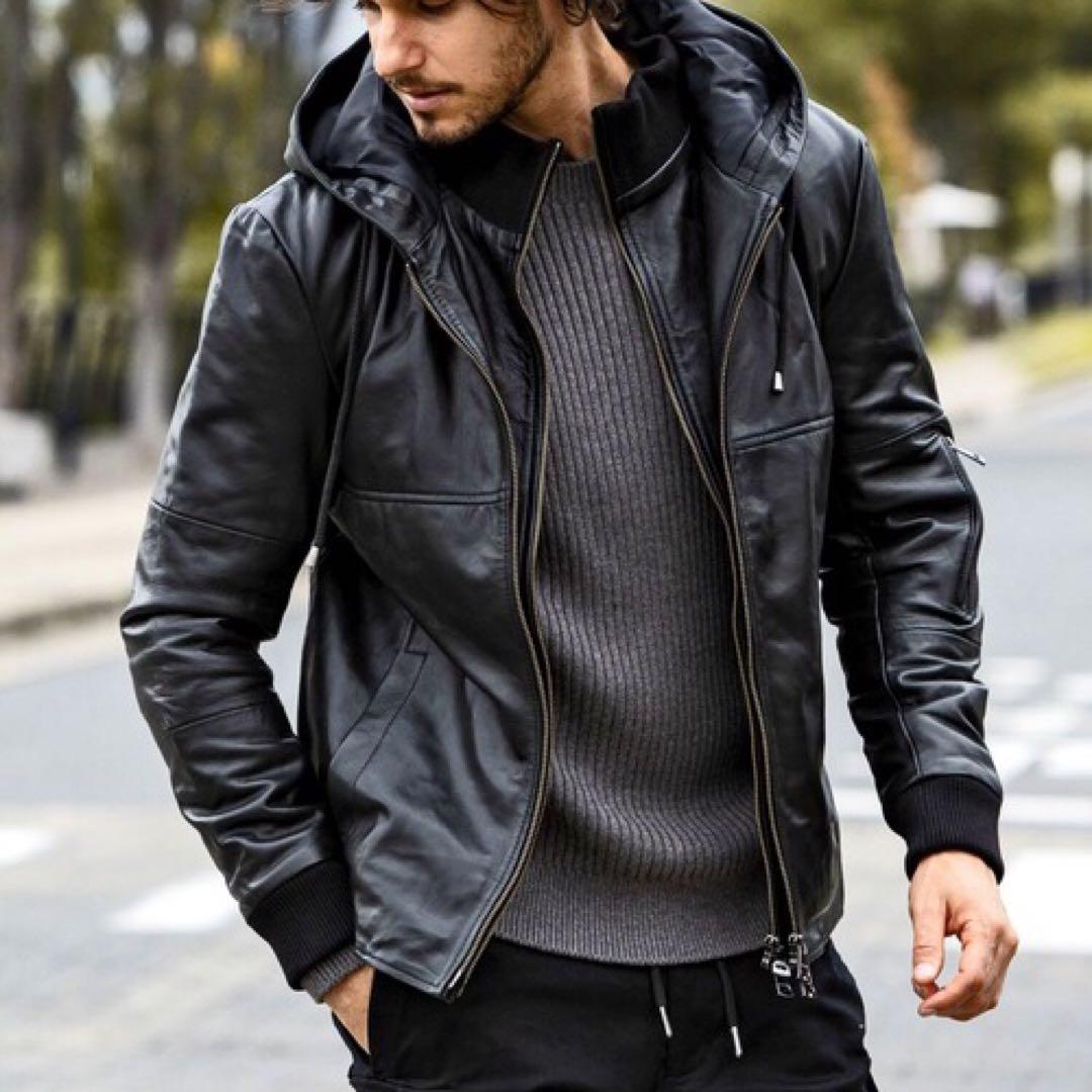 訳あり　AKM Contemporary レザーフード ライダースジャケット