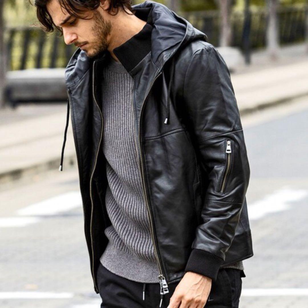 訳あり　AKM Contemporary レザーフード ライダースジャケット