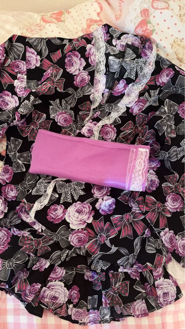 りぼん柄 浴衣ドレス 地雷 量産型 160 M〜L Y2K 平成ギャル 姫ギャル