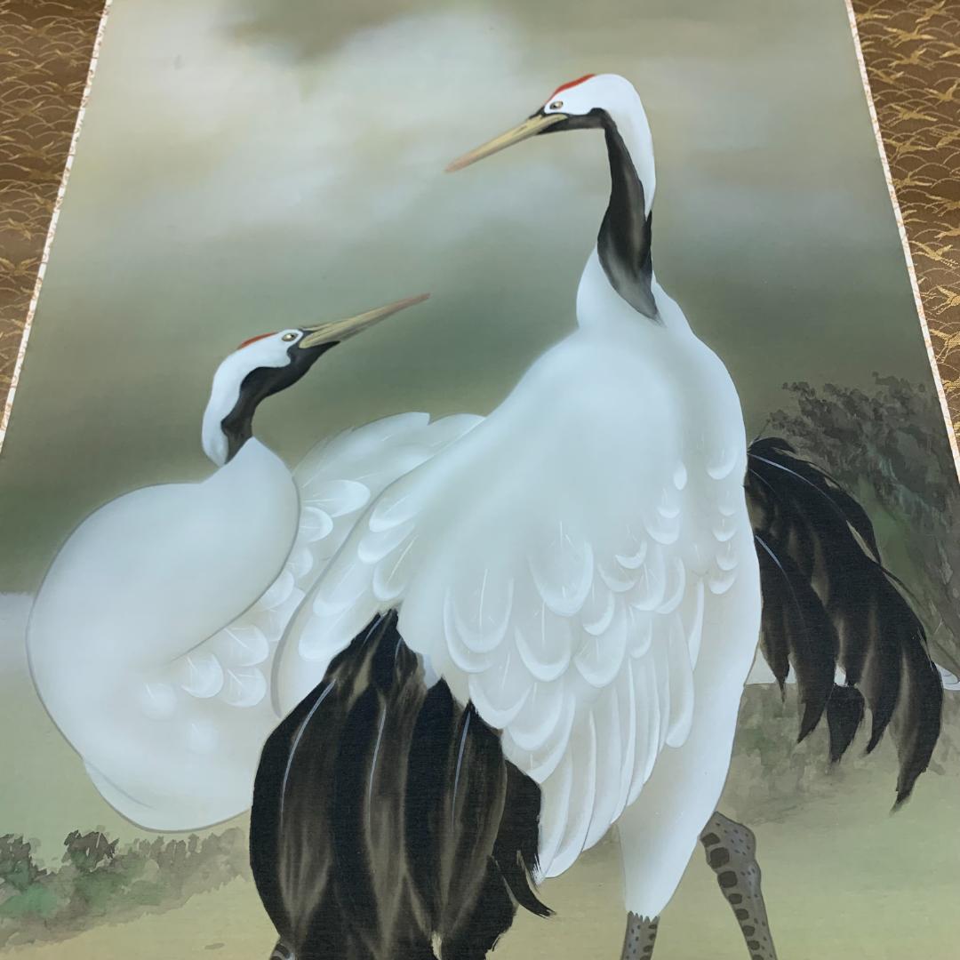 掛軸　双鶴　広森耕仁　箱付き　落款印有　状態良好　日本画　古道具　茶道具