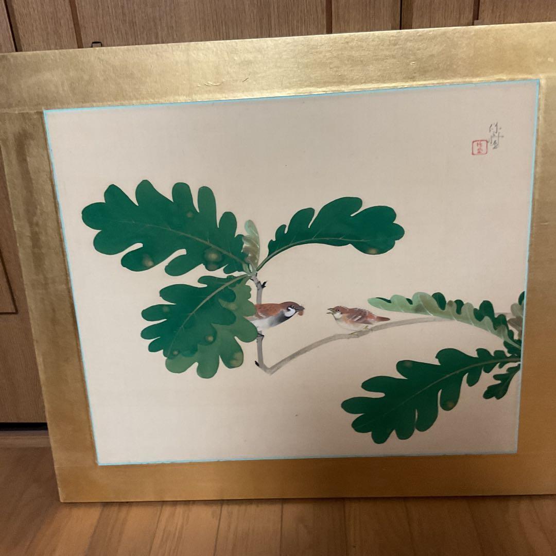 作者不詳作 落款印譜在 絹本花鳥画 無花果に雀図 額装仕立て