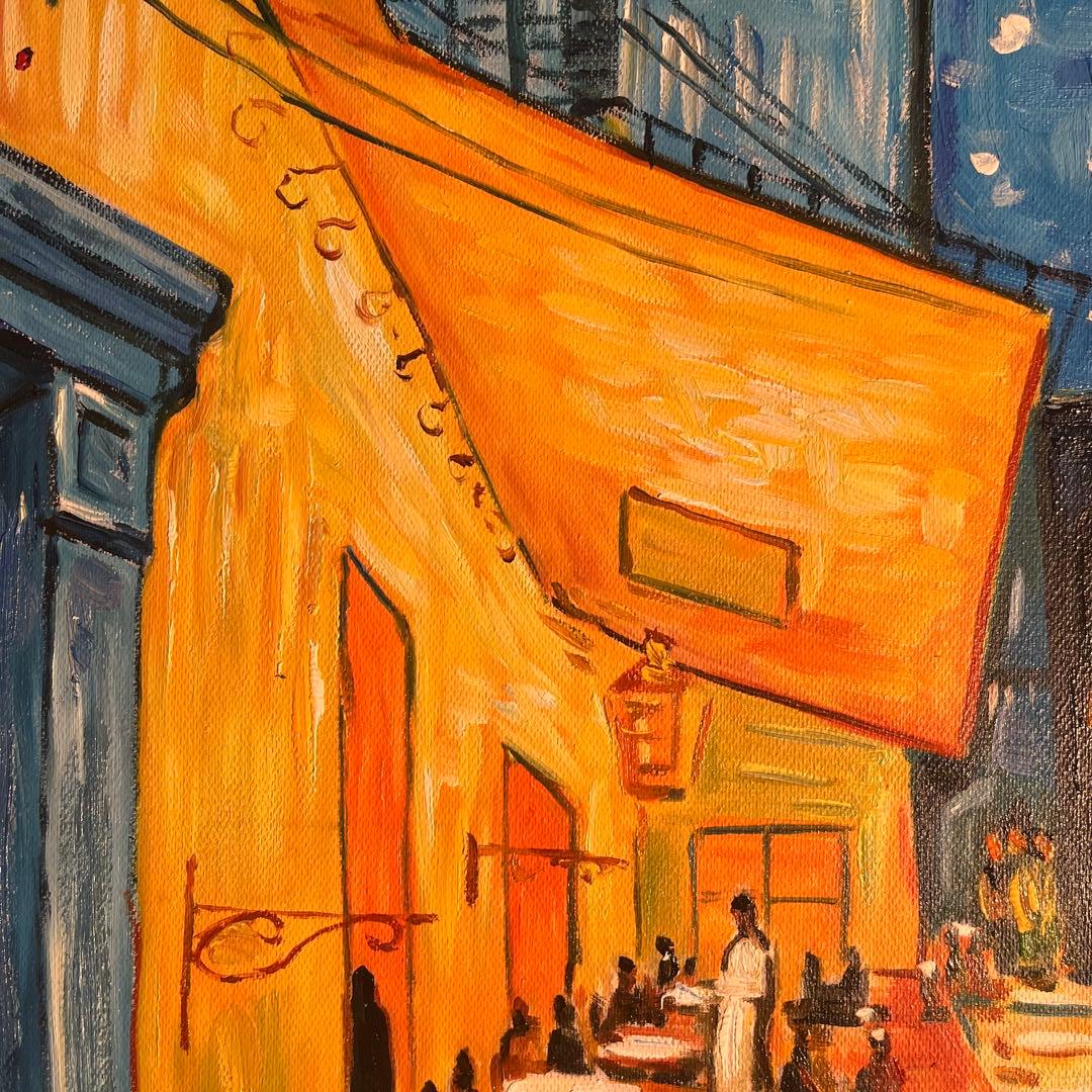 ★秀作★手書き油絵 ゴッホ 夜のカフェテラス 額付 絵画 インテリア 油彩画