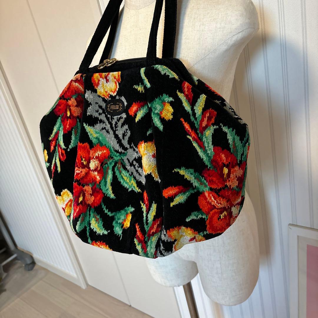 希少型　フェイラー FEILER トートバッグ 花柄 がま口　ブラック