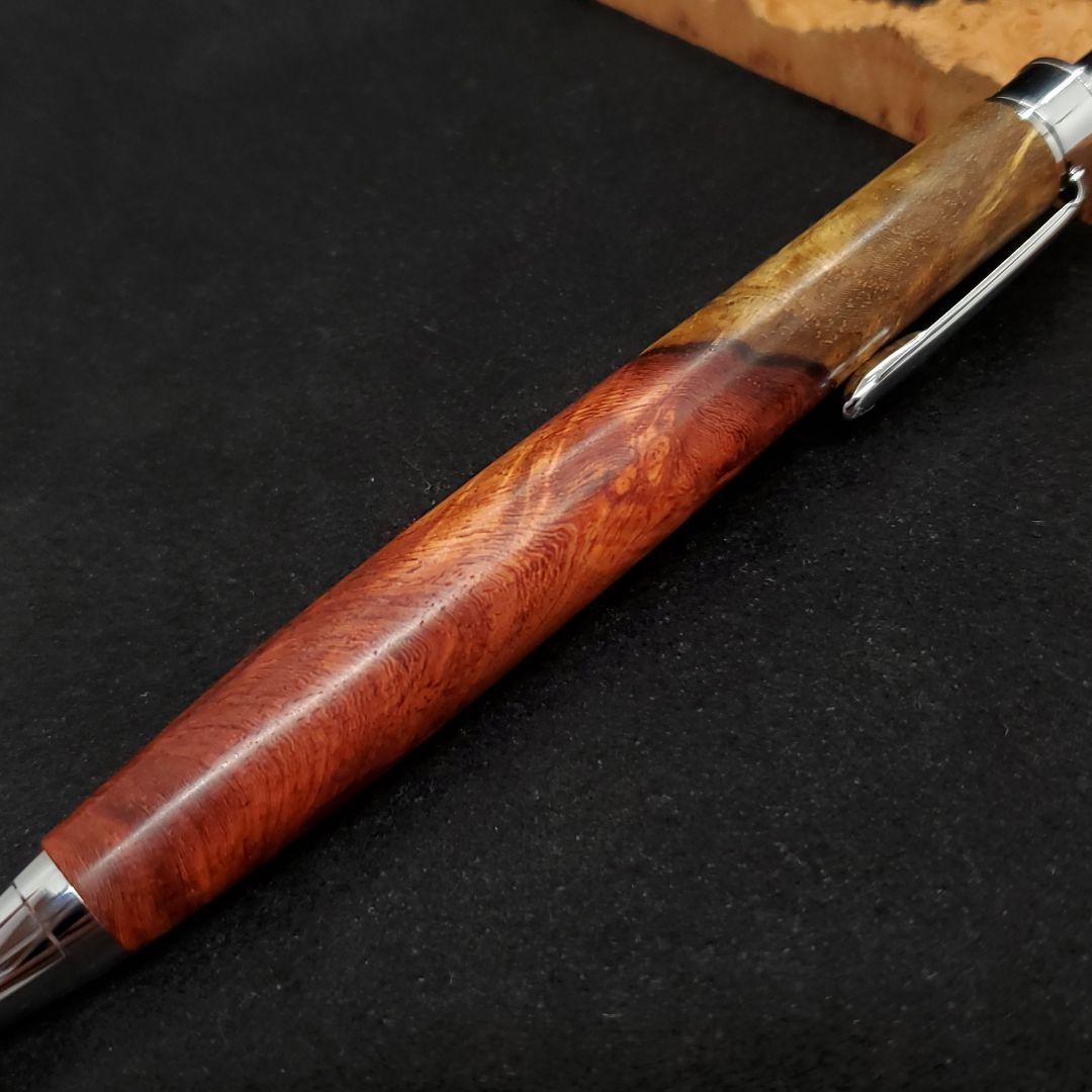 ⑮Bハンドメイド木軸シャーペン花梨瘤紅白赤濃いめ