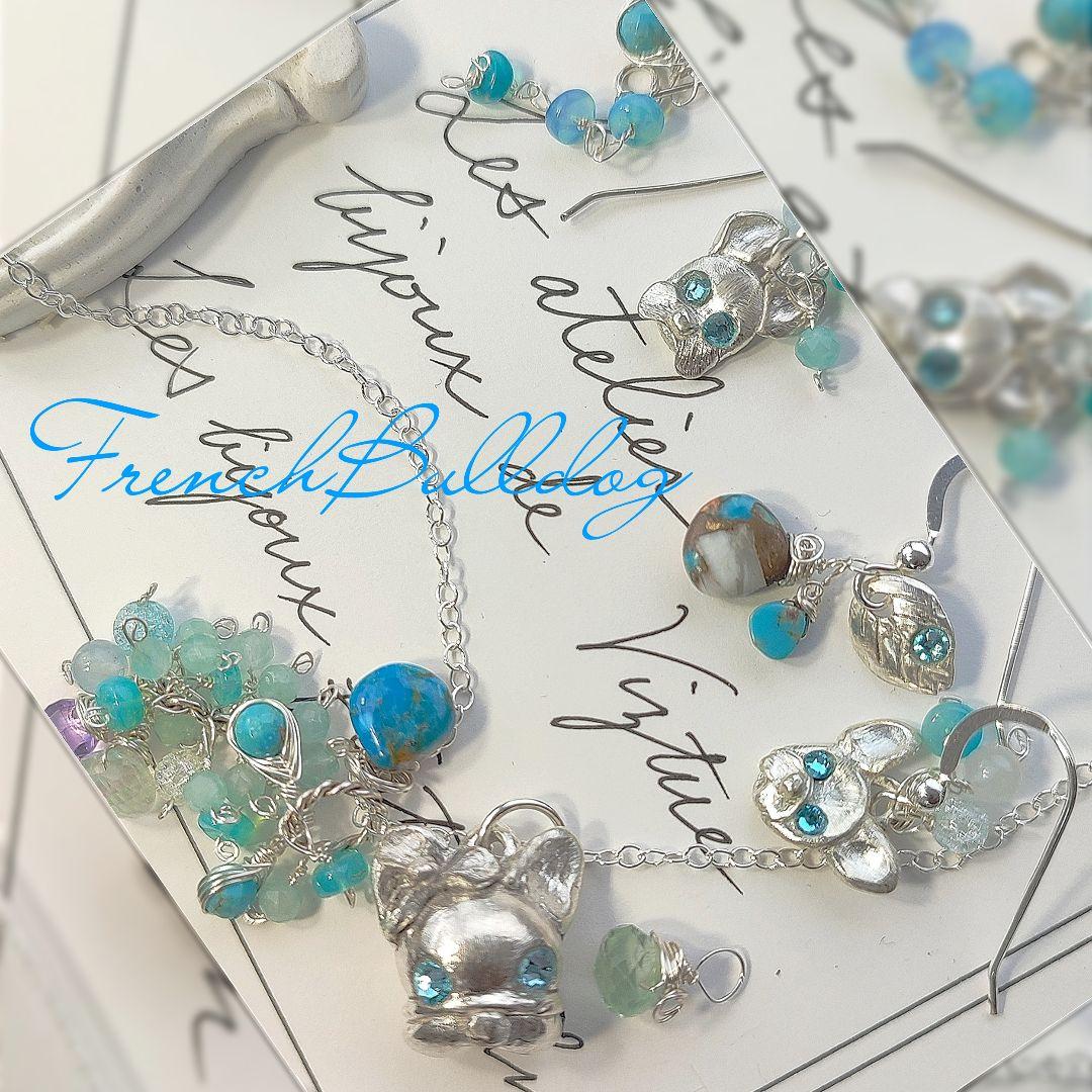 純銀 『フレンチブルドック　スリーピングビューティーターコイズネックレス』