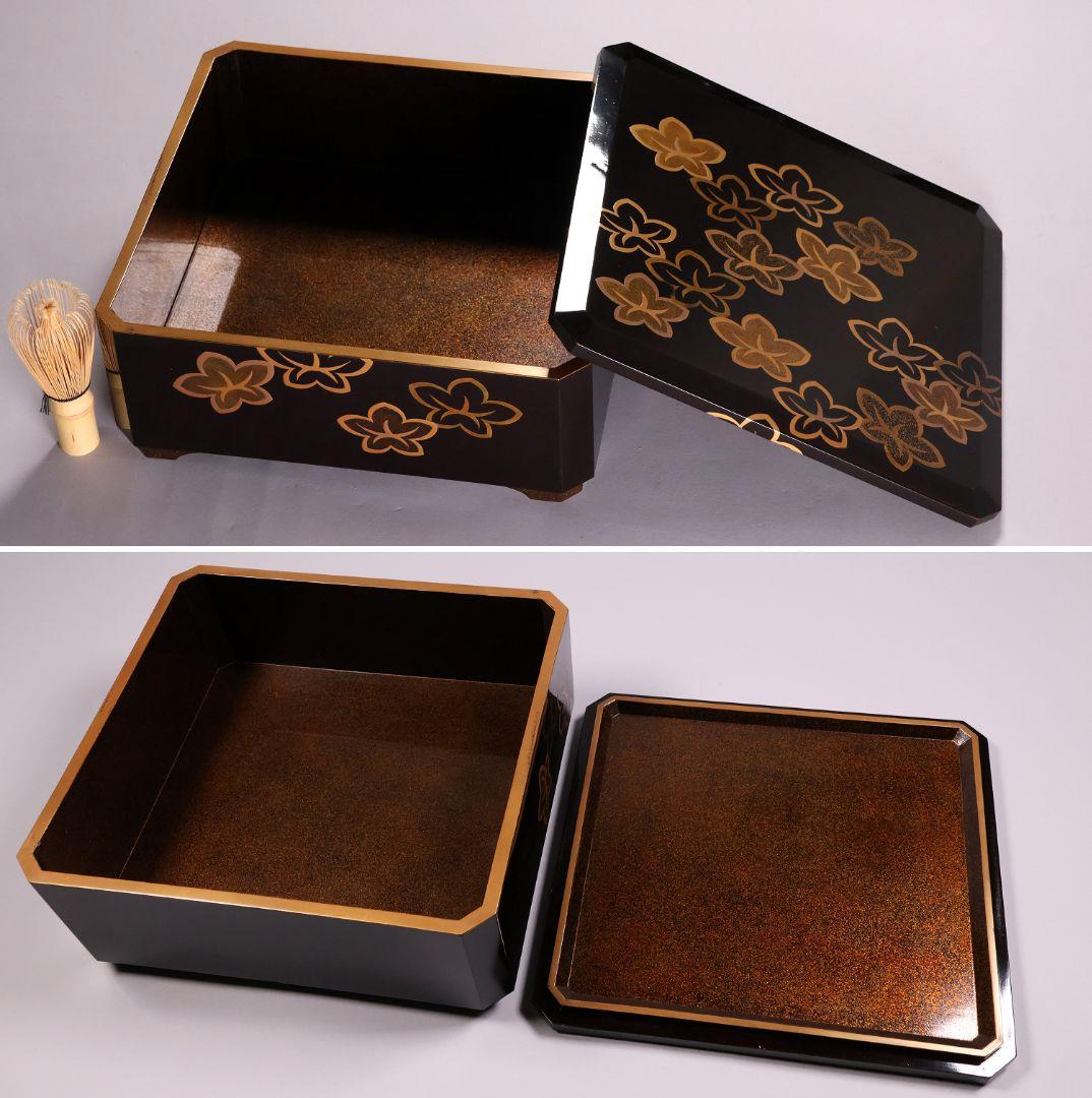 MA523 時代木製漆器 花ちらし金蒔絵 梨地 饅羹重 饅頭箱 菓子重 菓子器