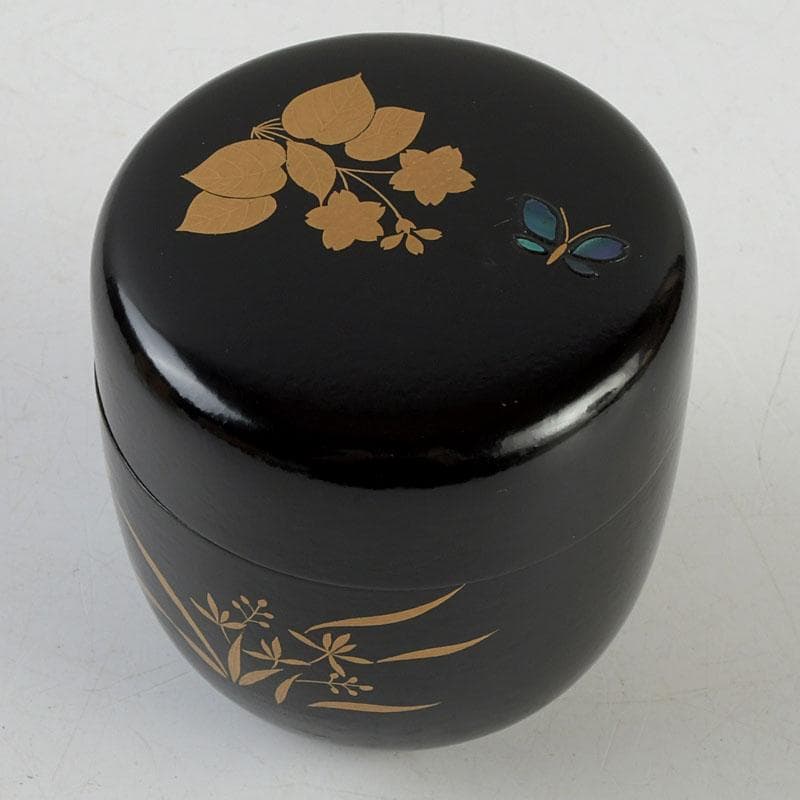 茶道具　堀川蒼雲作　螺鈿装飾　花蝶蒔絵　中棗　共箱　V　9363