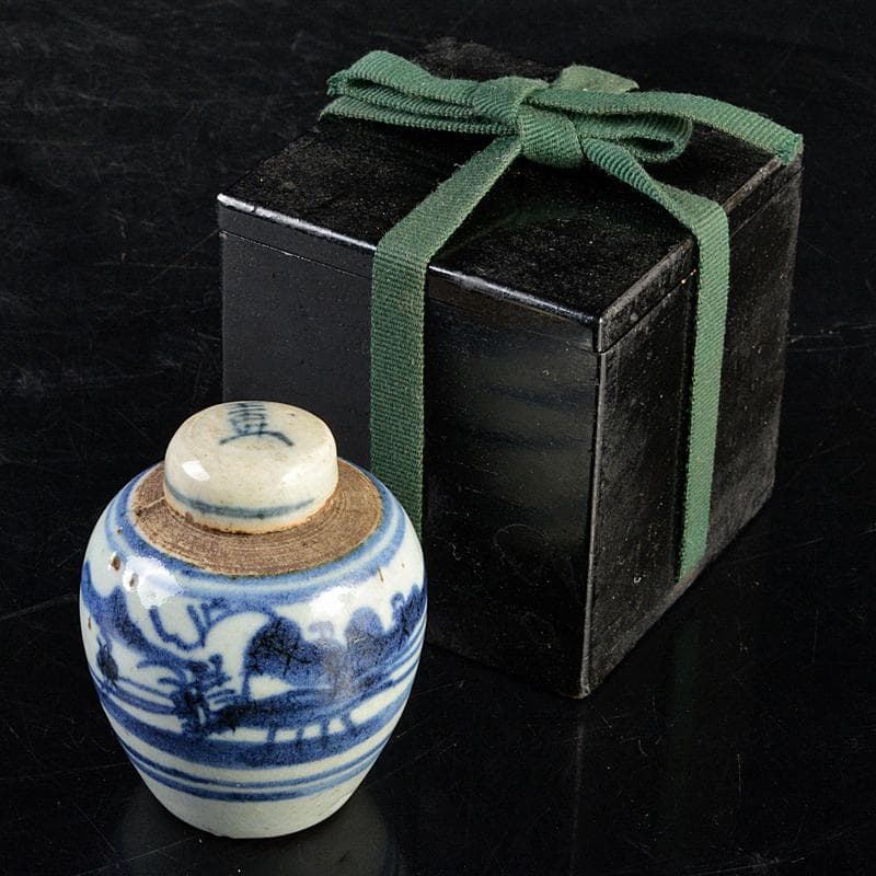 中国　染付　山水文　茶壷　茶心壷　時代箱付　V　R5973