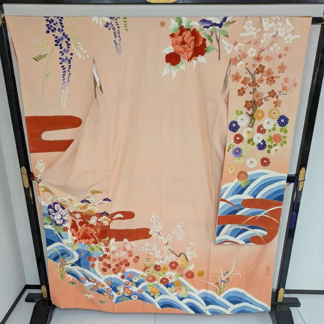 は*ー様 振袖 裄67 作家物 セミアンティーク 一つ紋 青海波に花柄金彩正絹T