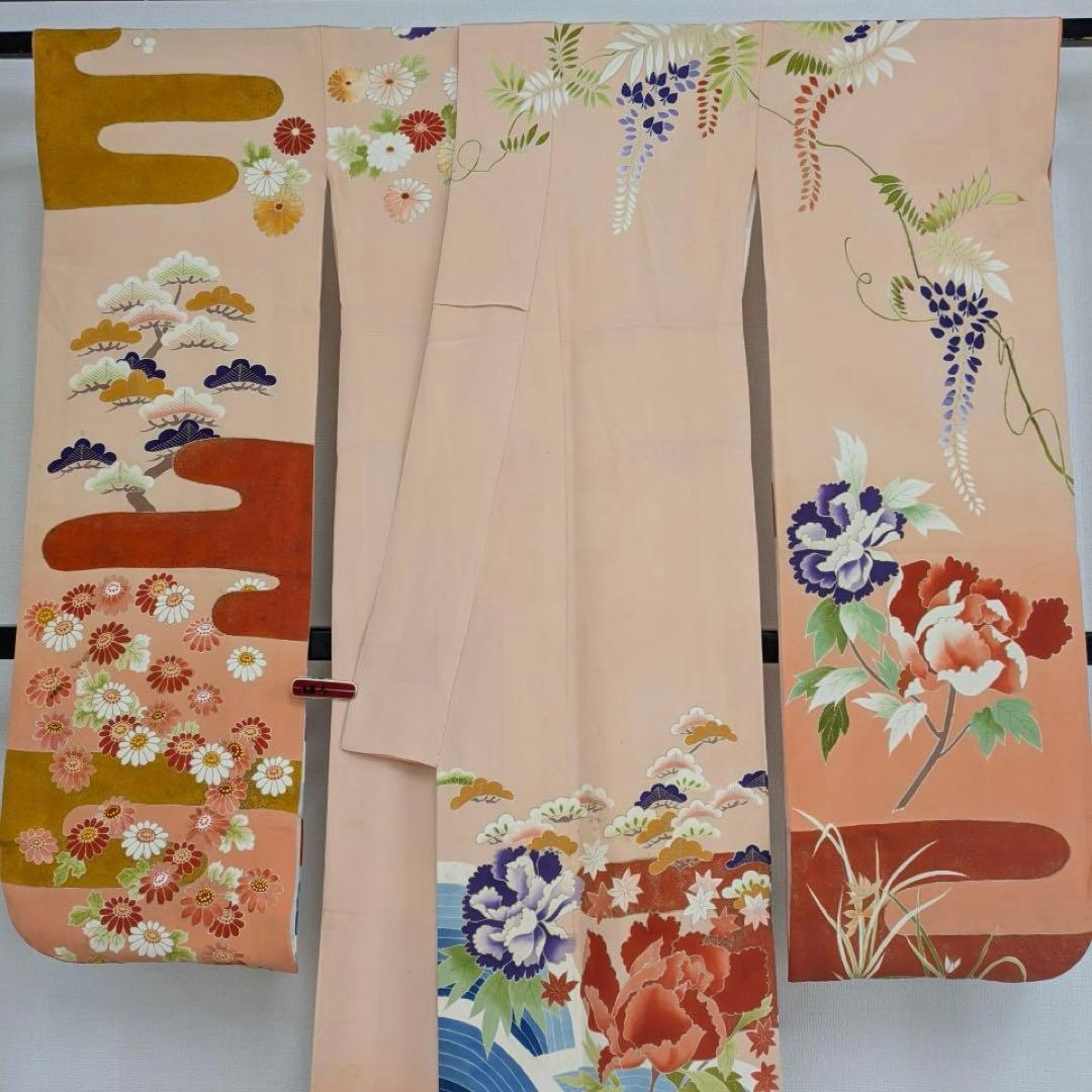 は*ー様 振袖 裄67 作家物 セミアンティーク 一つ紋 青海波に花柄金彩正絹T