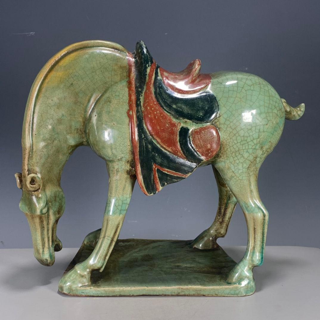 中国美術 緑釉開片馬 文房置物 案頭 風水 開運