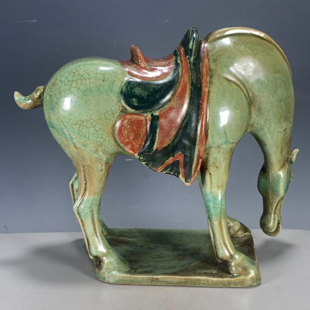 中国美術 緑釉開片馬 文房置物 案頭 風水 開運