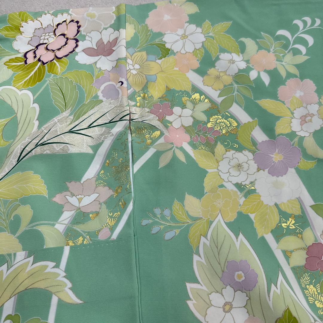 千總 京友禅 華文 グリーン系 刺繍 振袖