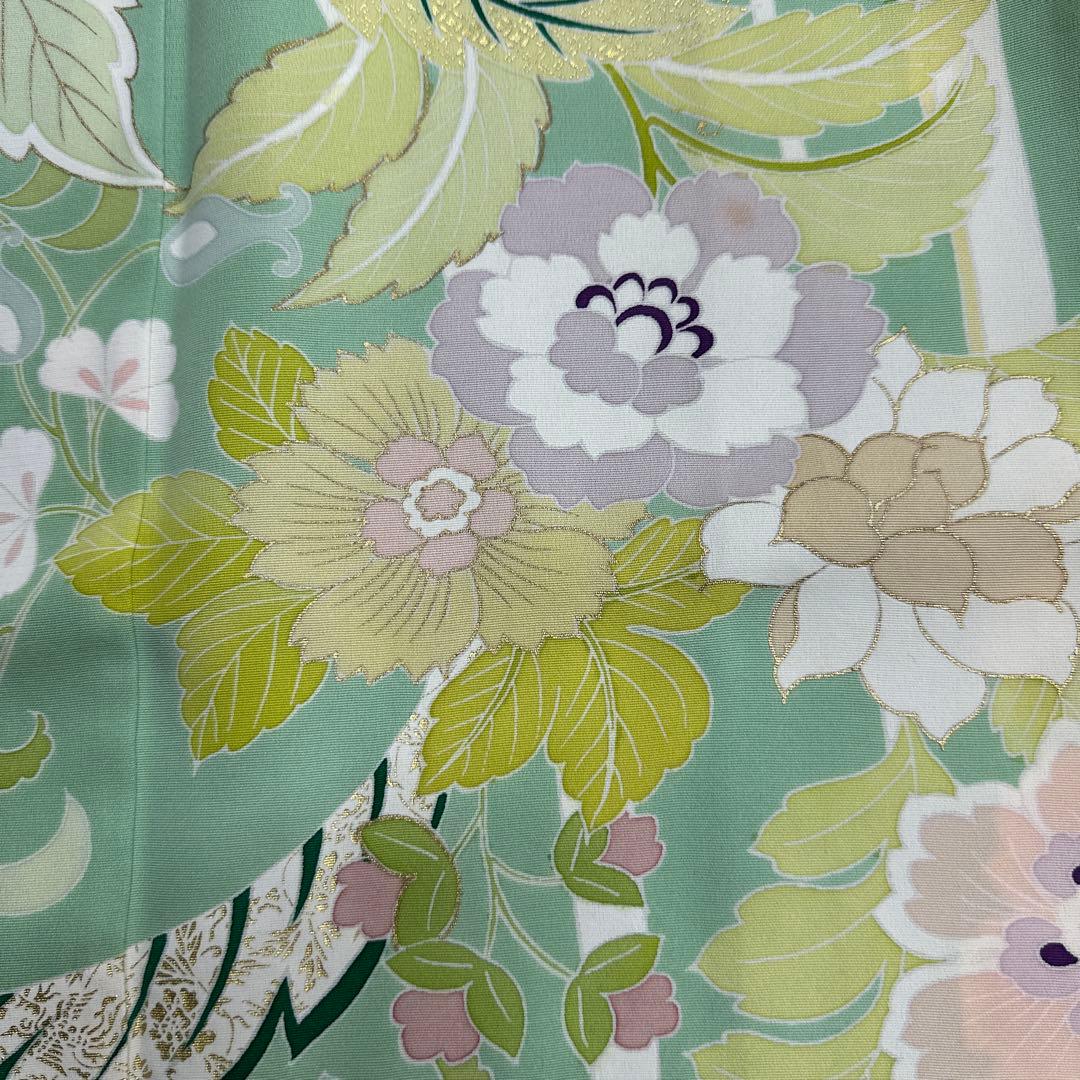 千總 京友禅 華文 グリーン系 刺繍 振袖