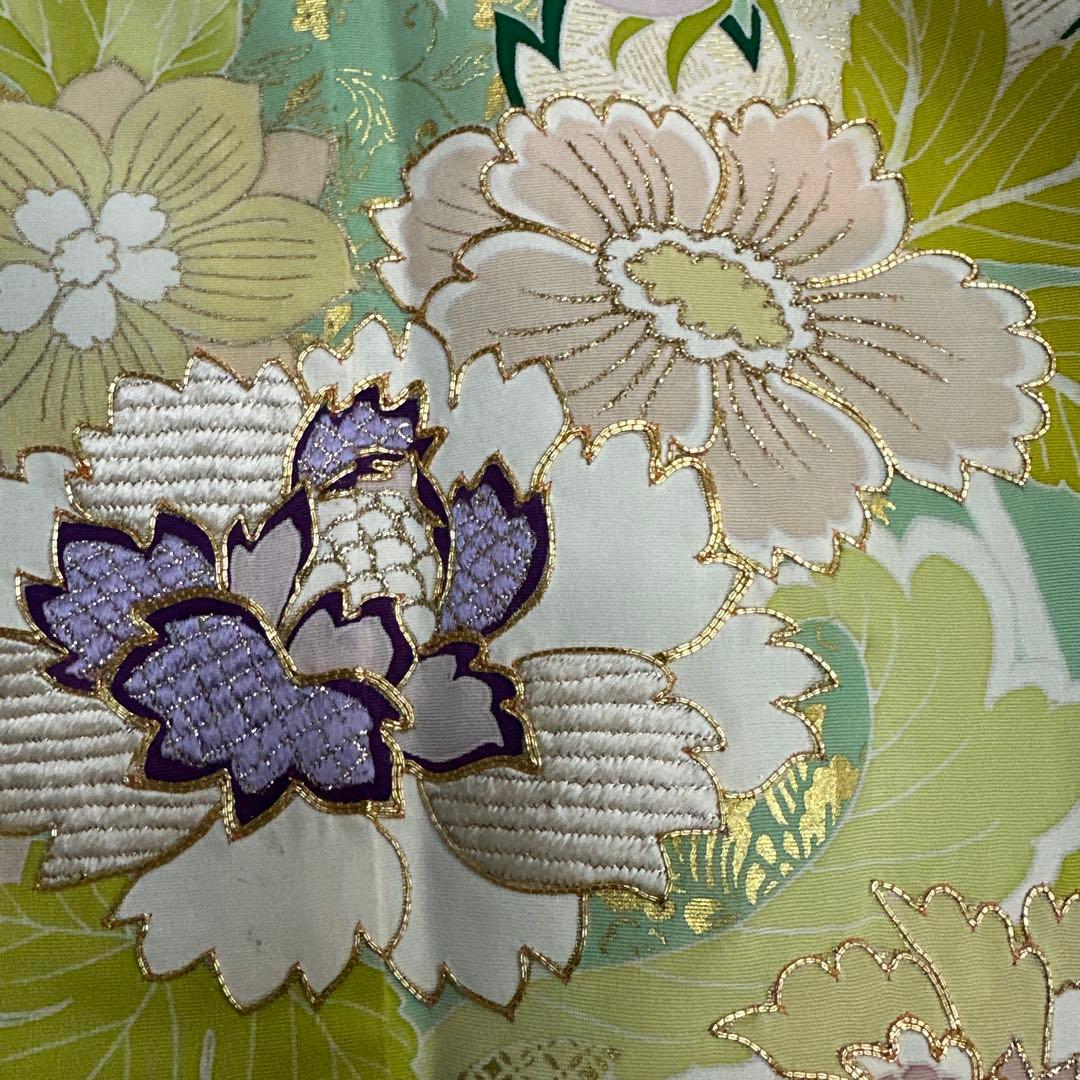 千總 京友禅 華文 グリーン系 刺繍 振袖