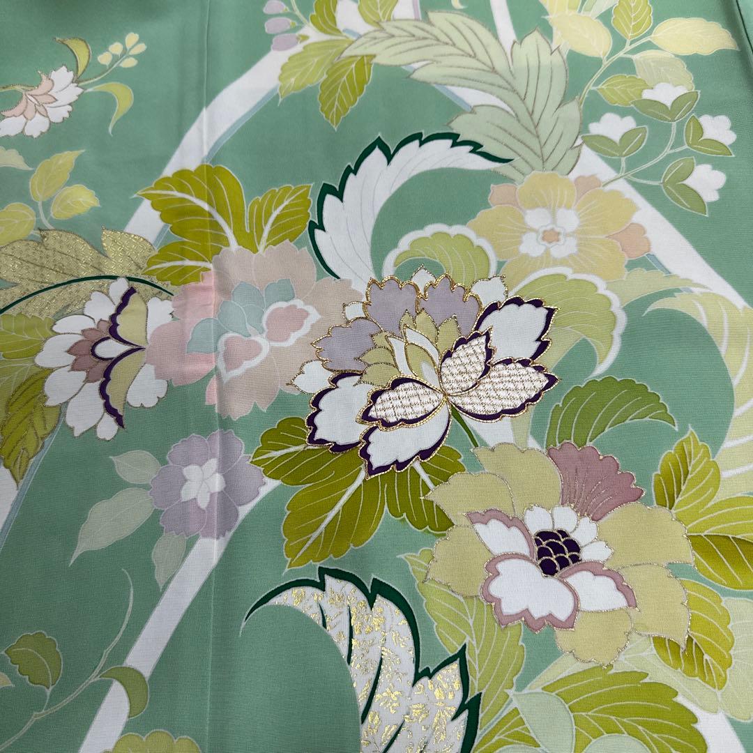 千總 京友禅 華文 グリーン系 刺繍 振袖