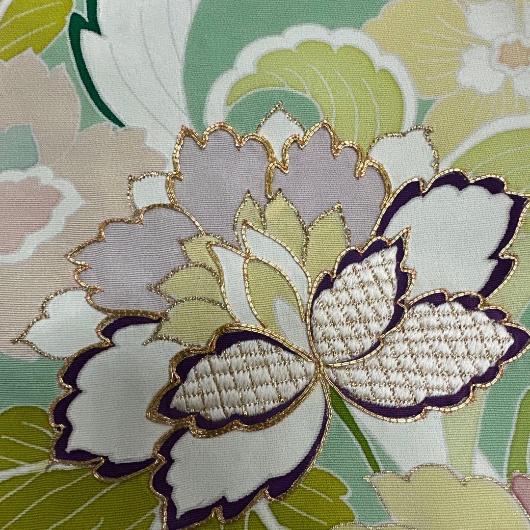 千總 京友禅 華文 グリーン系 刺繍 振袖