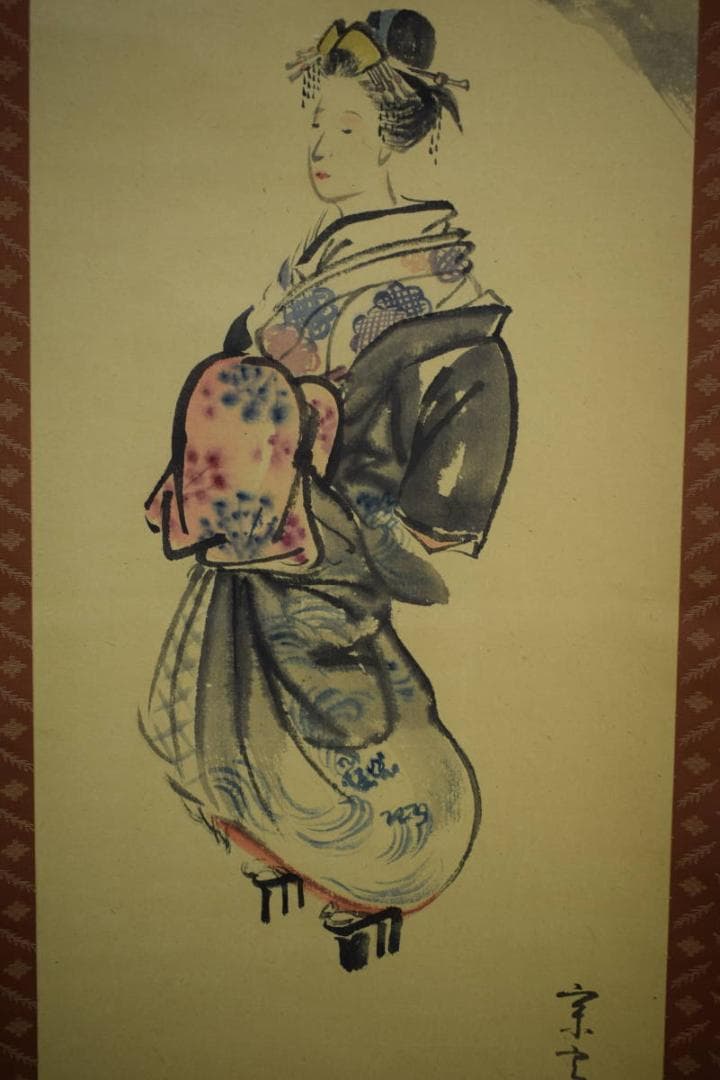 真作/宗富/花魁画/美人画/布袋屋掛軸HH-767