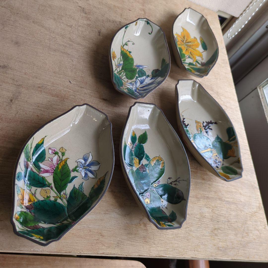 骨董 九谷焼 舟形 図変わり 色絵 花尽くし 向付 器 皿 5枚 変形皿