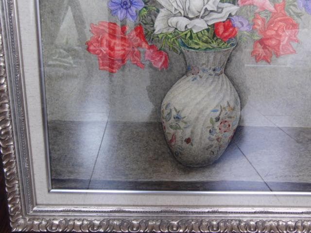 服部和三郎、薔薇とアネモネ 水仙 チューリップ、F10号、真作油絵、新品油彩額付