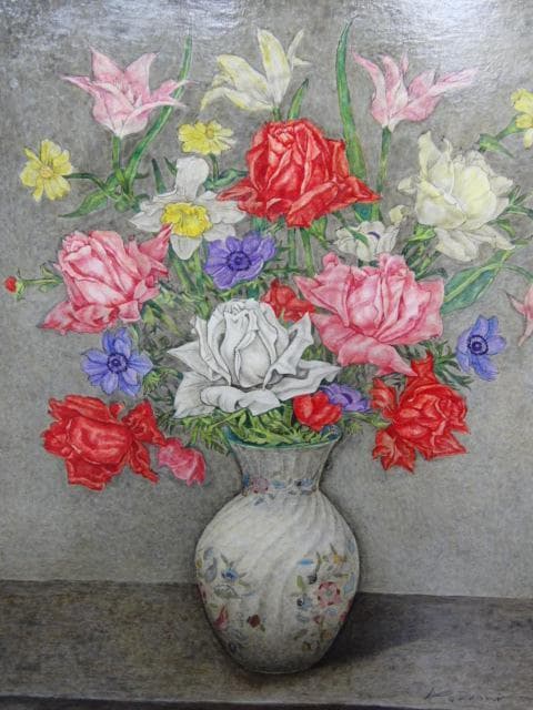 服部和三郎、薔薇とアネモネ 水仙 チューリップ、F10号、真作油絵、新品油彩額付