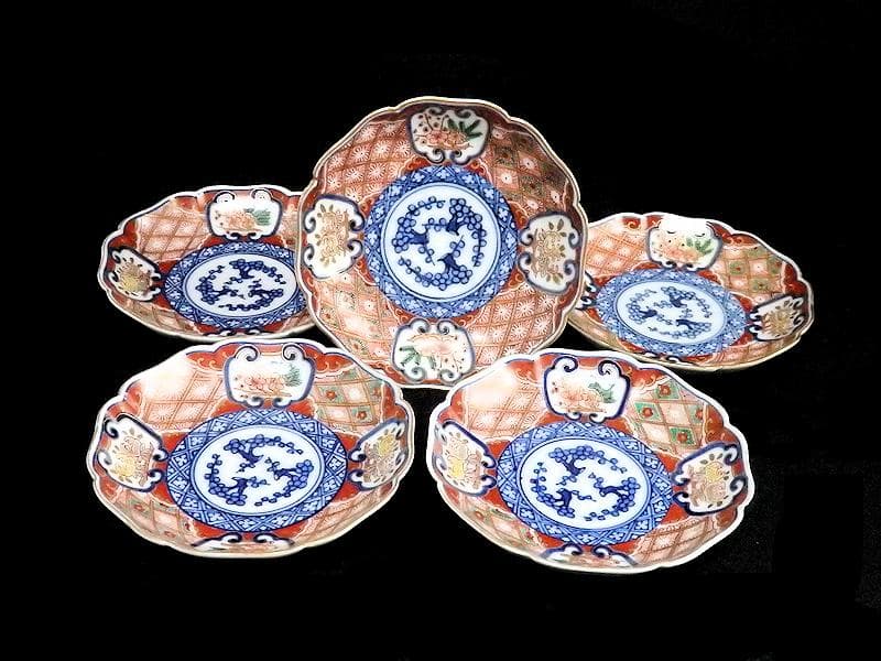 大聖寺伊万里　窓絵　柘榴　松　梅　菊花四方襷紋の図　４寸皿　５枚　AS-fbjf