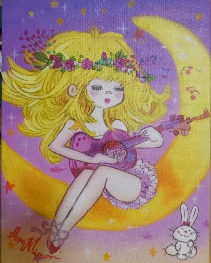 メル95309　油絵　額付き　水森亜土　 F6 【　人物　】手描き