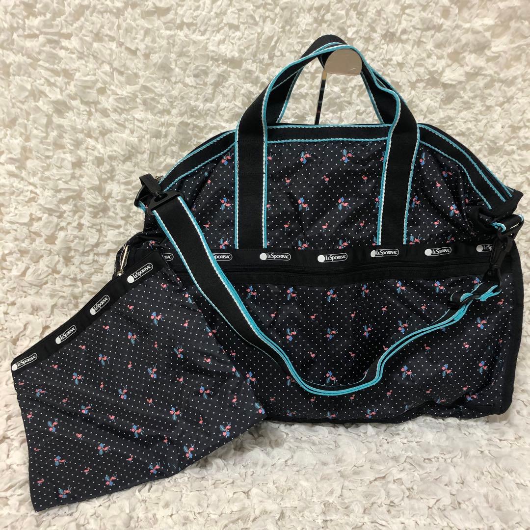 新品【LeSportsac】ボストンバッグ フラミンゴ　黒　ポーチ付き　セット①