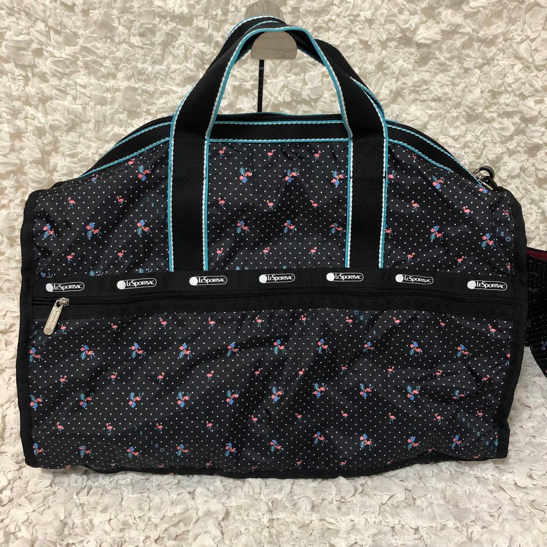 新品【LeSportsac】ボストンバッグ フラミンゴ　黒　ポーチ付き　セット①