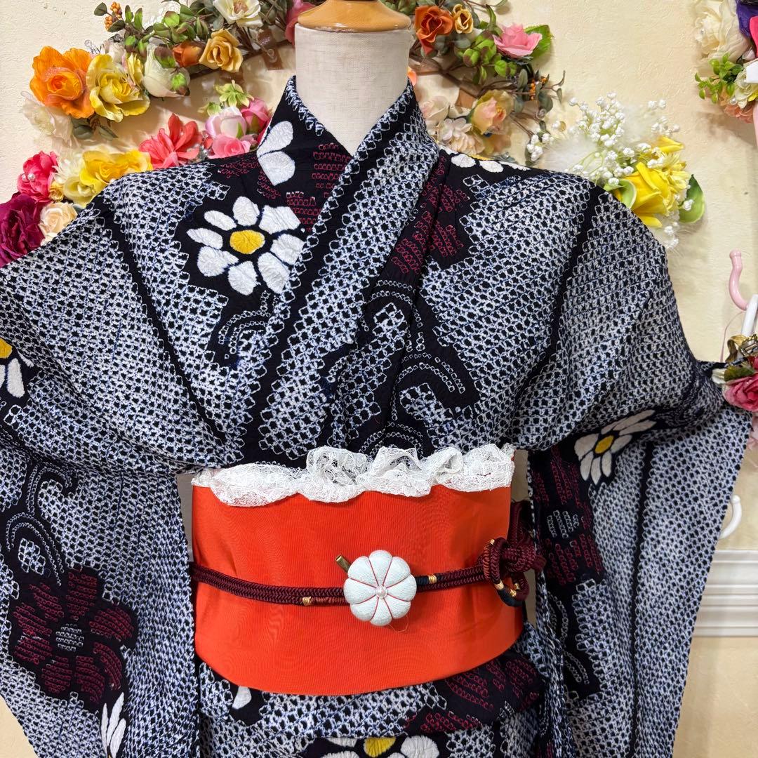 有松鳴海絞り伝統工芸❤️半幅帯レース つまみ細工ハンドメイド帯留め5点セット‼️秀品