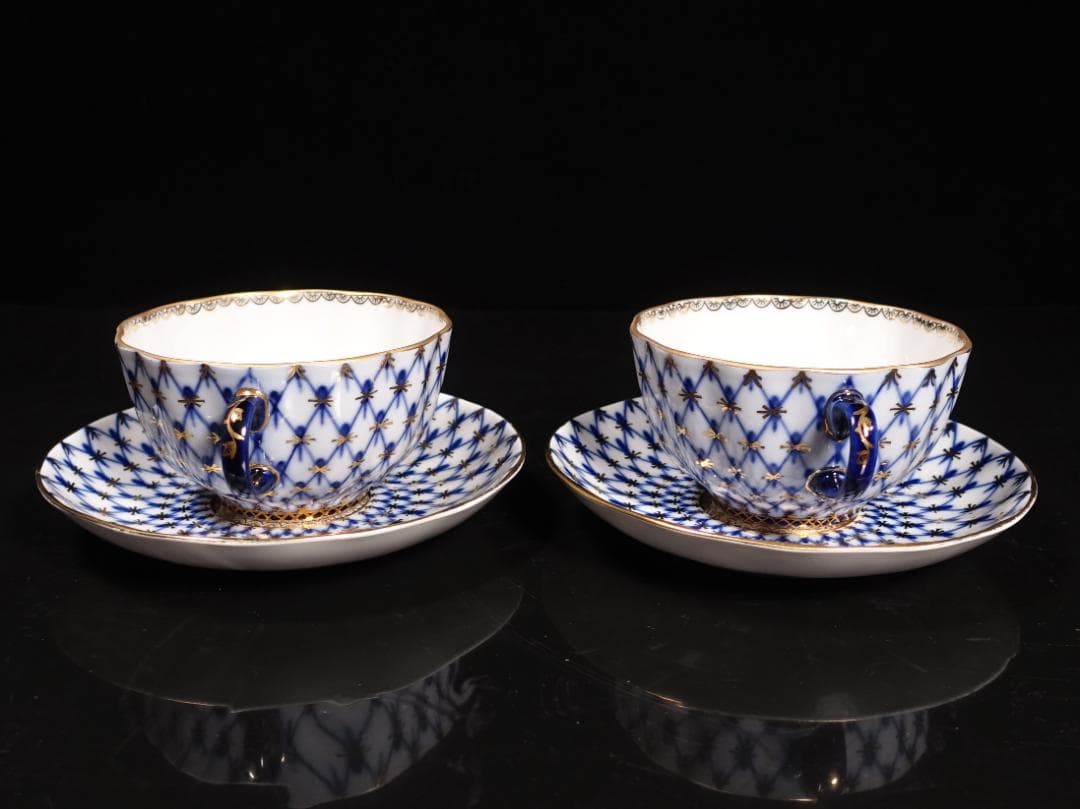 ロモノーソフ LOMONOSOV コバルトネット カップソーサー プレート ペア