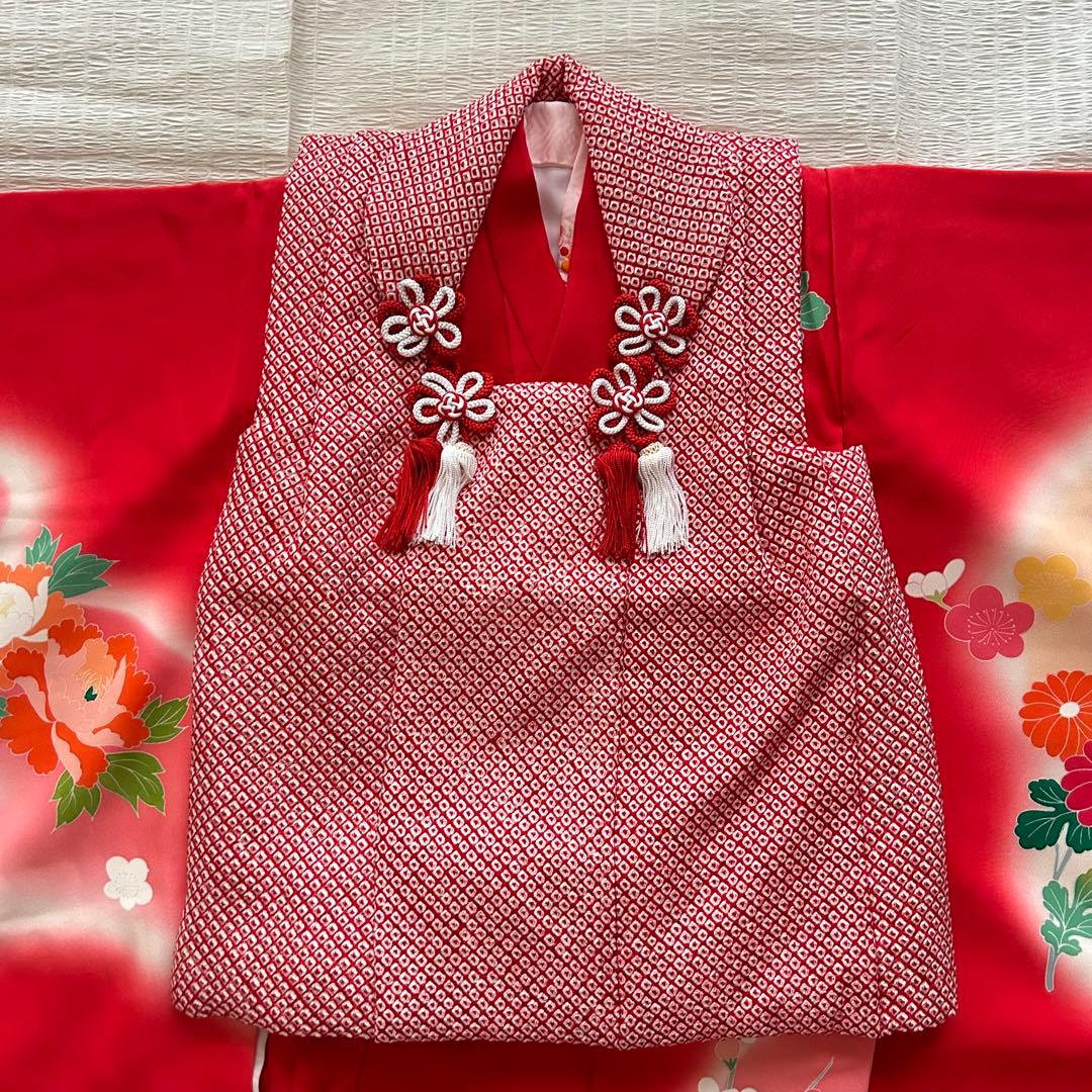 七五三 3歳 総絞り 被布 着物 絹 三歳 赤 草履 753 女の子 友禅染