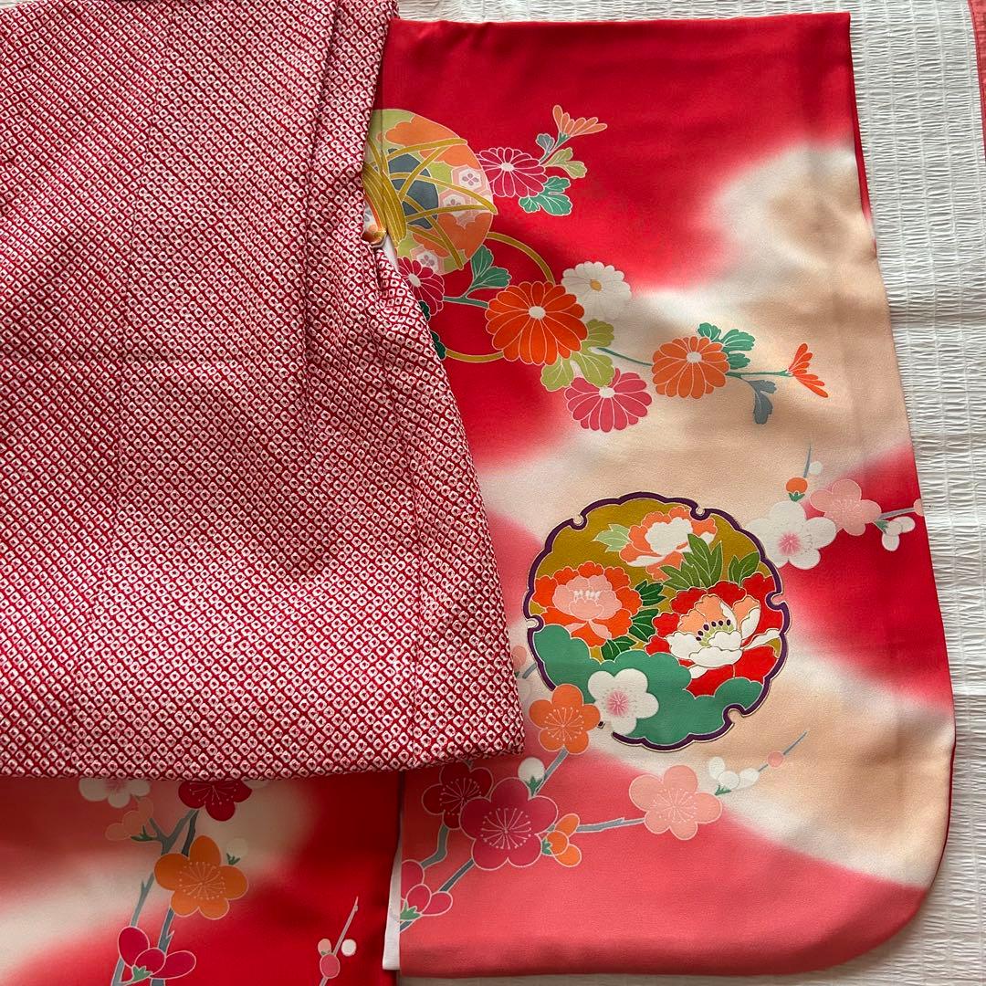 七五三 3歳 総絞り 被布 着物 絹 三歳 赤 草履 753 女の子 友禅染