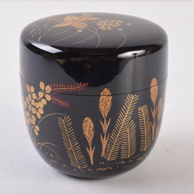 茶道具　黒塗　四季花草蒔絵　棗　共箱　V　8530