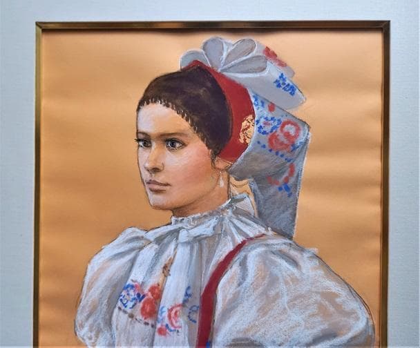 日本洋画壇の重鎮　芝田米三　「刺繍衣装」のパステル画絵　約10号サイズ