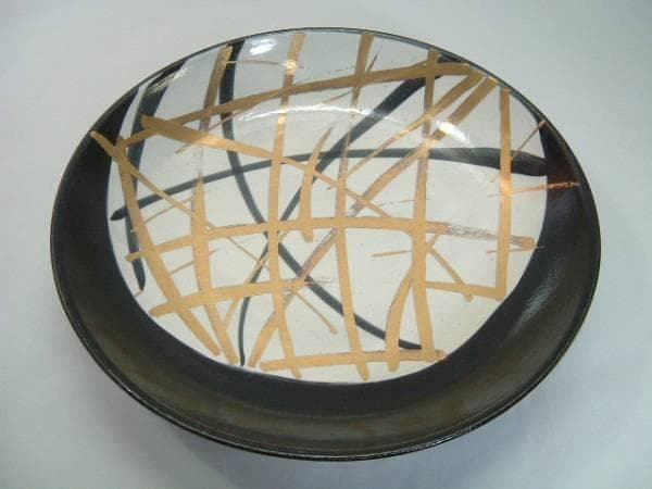 鉢■武蔵野盛鉢【陶祥窯作】招月庭陶 所・黒釉 金彩 大鉢 お茶道具 菓子器■